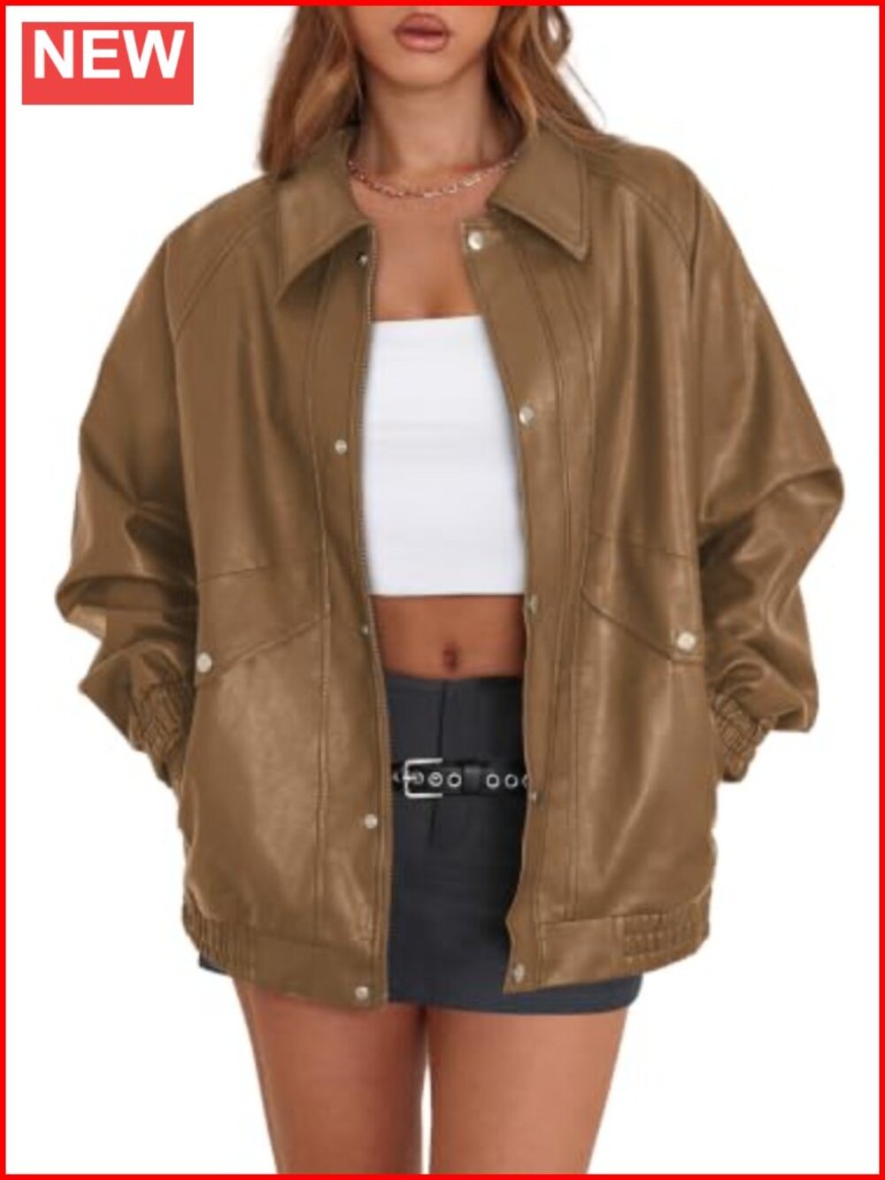 Women Oversized Motorcycle Faux Leather Jacket Zip Up Long Sleeve Coat